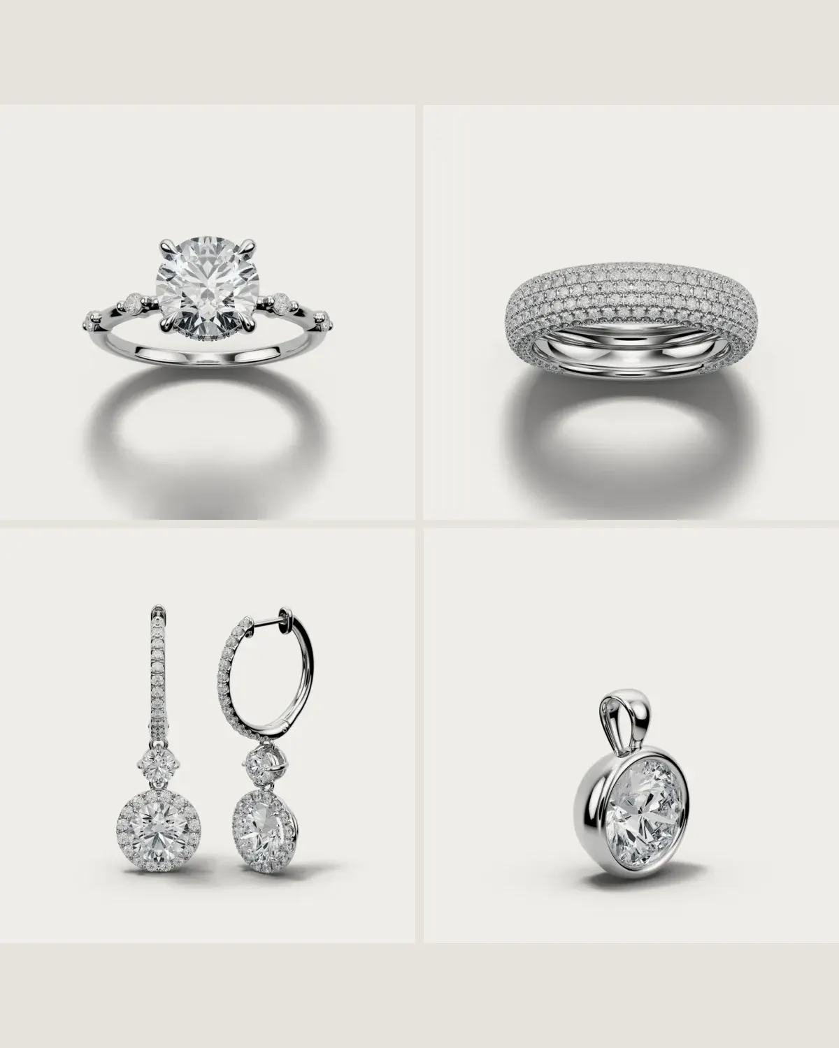 Four catalogue designs: a solitaire, a pavé band, drop earrings and a pendant